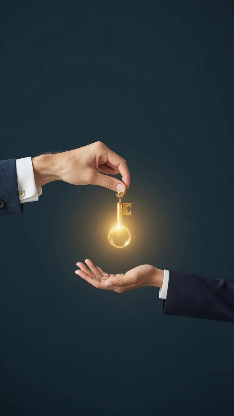 Faceless illustration of an older hand passing a glowing golden key to a younger hand, symbolizing legacy, inheritance, and the transfer of financial wisdom. Soft navy blue background with warm golden lighting, cinematic and elegant composition, minimalist financial advisor branding style