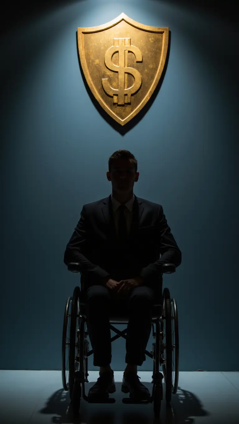 Faceless person sitting calmly on a wheelchair beneath a glowing golden shield, symbolizing Disability Insurance and financial security during recovery. Background in soft navy blue and gold tones, cinematic lighting, elegant professional style, conveying stability and peace of mind.