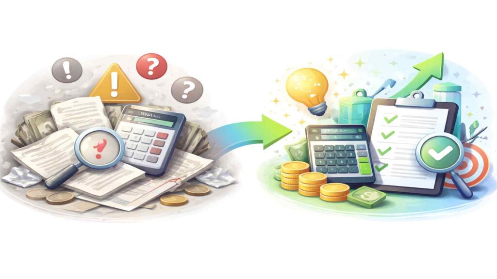 Illustration showing confusion turning into clarity in TFSA room calculation, highlighting common mistakes Canadians make with TFSA contribution room.