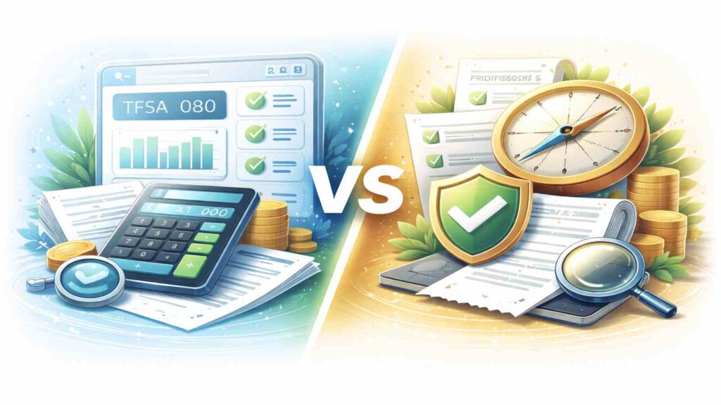 Illustration comparing a TFSA room calculator with professional guidance, showing when self-calculation is enough and when expert clarity helps with complex TFSA situations.