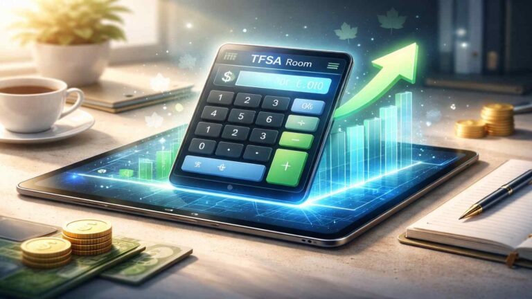 TFSA room calculator concept showing a digital calculator, financial charts, and growth indicators representing accurate TFSA contribution room calculation in Canada.