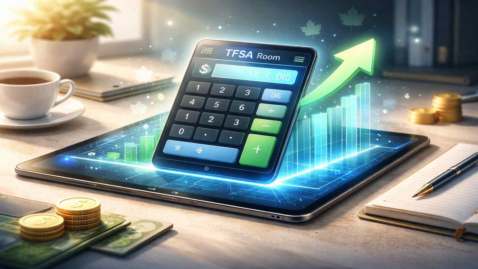 TFSA room calculator concept showing a digital calculator, financial charts, and growth indicators representing accurate TFSA contribution room calculation in Canada.