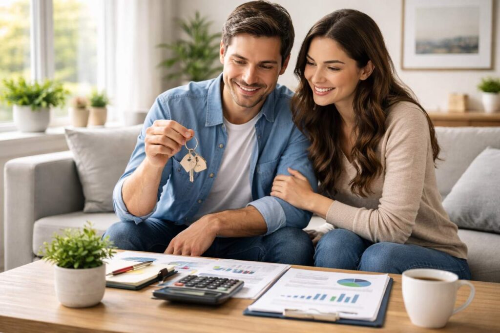fhsa vs tfsa : First-time home buyer couple reviewing savings plan for FHSA in Canada